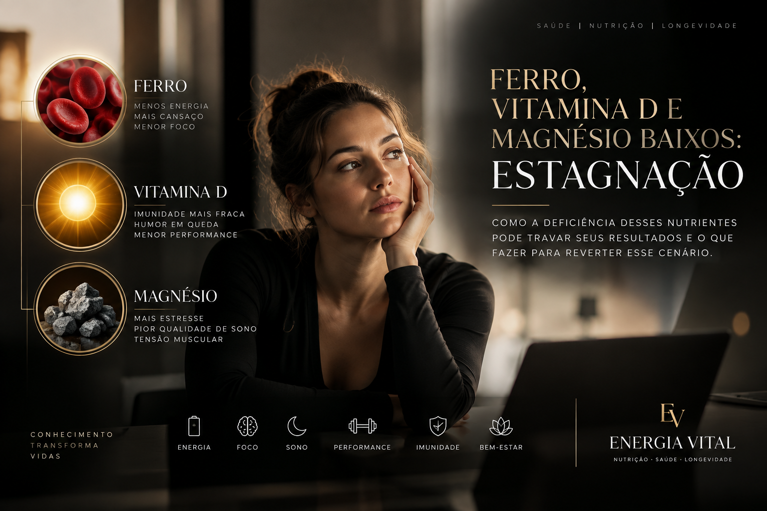Tubos de exame de sangue e cápsulas de suplemento representando ferro, vitamina D e magnésio baixos que travam resultados no treino